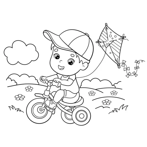 Coloring Page Outline Cartoon Boy Riding Bicycle Kite Coloring Book — Stock Vector