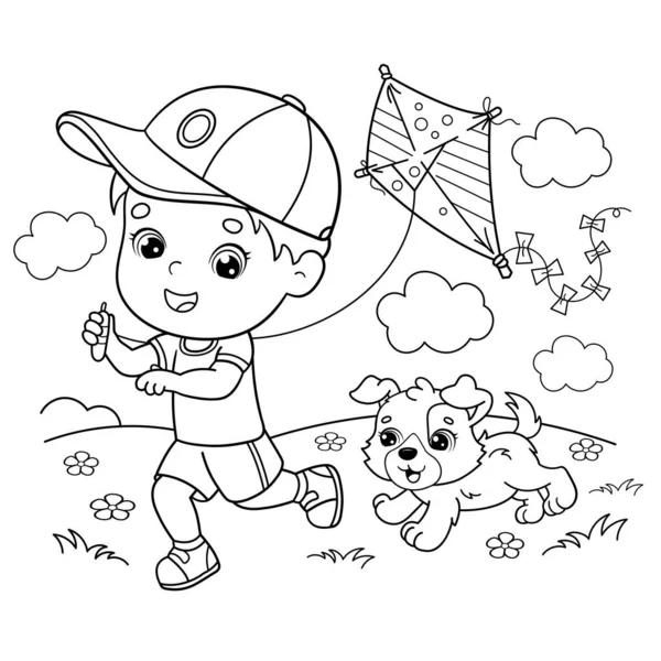 Coloring Page Outline Cartoon Boy Running Kite Dog Coloring Book — Stock Vector