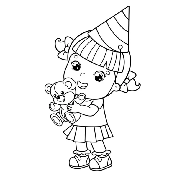 Zbarvení Stránky Obrys Kreslené Dívky Medvídkem Svátky Narozeniny Omalovánky Pro — Stockový vektor