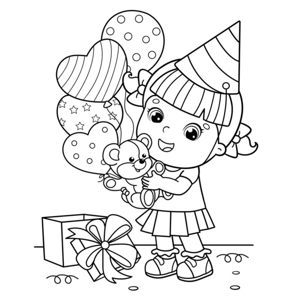 Página Para Colorear Esquema Una Chica Dibujos Animados Con Globos — Vector de stock