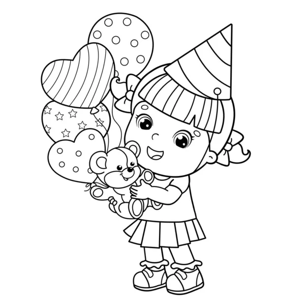 Coloring Page Outline Cartoon Girl Balloons Teddy Bear Holiday Birthday — Stock Vector