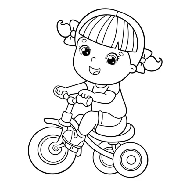 Coloring Page Outline Dari Seorang Gadis Kartun Naik Sepeda Atau - Stok Vektor