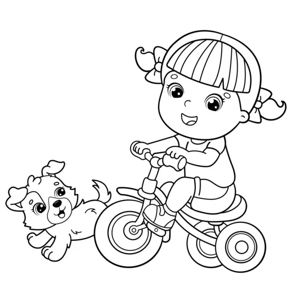 Coloring Page Outline Cartoon Girl Riding Bicycle Bike Dog Buku - Stok Vektor