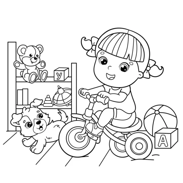 ぬりえページ概要犬と自転車や自転車に乗る漫画の女の子の概要 ゲームルームとおもちゃ 子供のためのぬり絵 — ストックベクタ