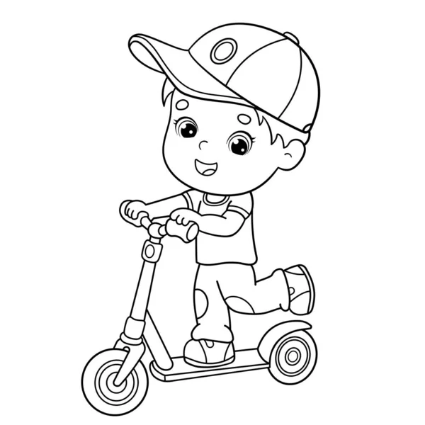 Página Para Colorear Esquema Niño Dibujos Animados Scooter Libro Para — Vector de stock