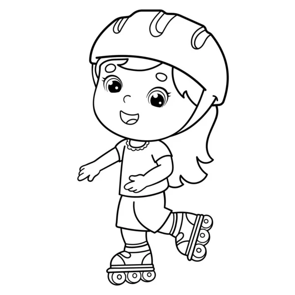 滑冰鞋上的卡通女郎的色彩轮廓 儿童彩色书 — 图库矢量图片