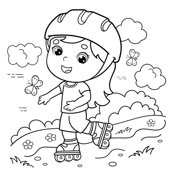 Página Para Colorear Esquema Chica Dibujos Animados Los Patines Libro — Archivo Imágenes Vectoriales