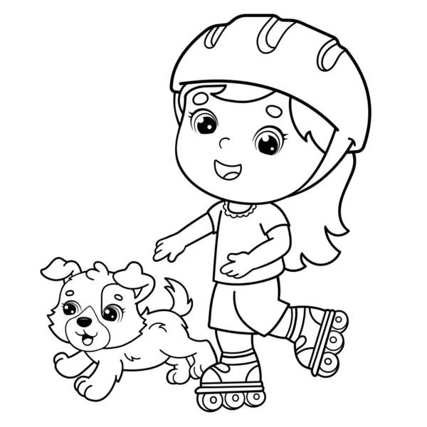 Coloring Page Outline Cartoon Girl Roller Skates Dog Coloring Book — Stock Vector