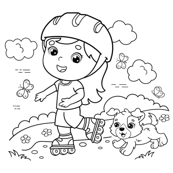 Coloring Page Outline Cartoon Girl Roller Skates Dog Coloring Book — Stock Vector