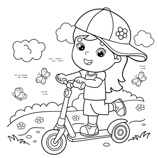Coloring Page Outline Cartoon Girl Scooter Dalam Bahasa Inggris Buku - Stok Vektor
