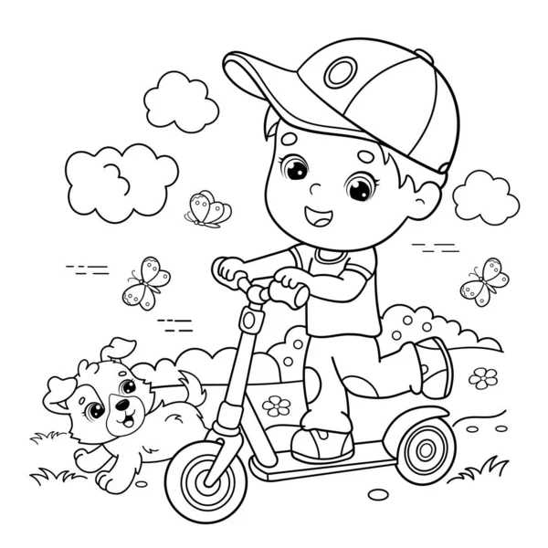 Página Para Colorear Esquema Niño Dibujos Animados Scooter Libro Para — Vector de stock