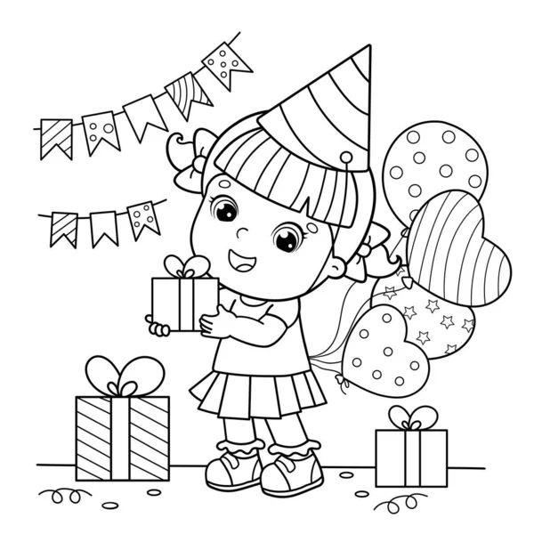 Coloring Page Outline Cartoon Girl Balloons Gifts Holiday Birthday Coloring — Stock Vector