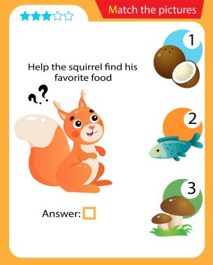 Matching game, education game for children. Puzzle for kids. Match the right object. Help the squirrel find his favorite food.