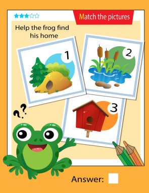 Matching game, education game for children. Puzzle for kids. Match the right object. Help the frog find his home.