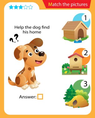 Matching game, education game for children. Puzzle for kids. Match the right object. Help the dog find his home.