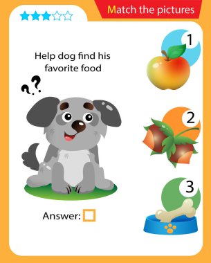 Matching game, education game for children. Puzzle for kids. Match the right object. Help the dog find his favorite food.
