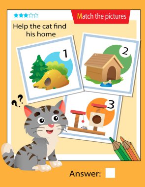 Matching game, education game for children. Puzzle for kids. Match the right object. Help the cat find his home.