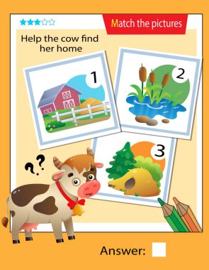 Matching game, education game for children. Puzzle for kids. Match the right object. Help the cow find her home.
