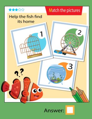 Matching game, education game for children. Puzzle for kids. Match the right object. Help the fish find its home.