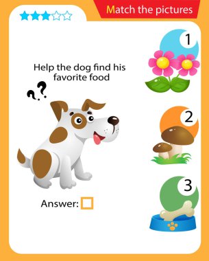 Matching game, education game for children. Puzzle for kids. Match the right object. Help the dog find his favorite food.