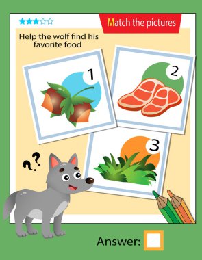 Matching game, education game for children. Puzzle for kids. Match the right object. Help the wolf find his favorite food.