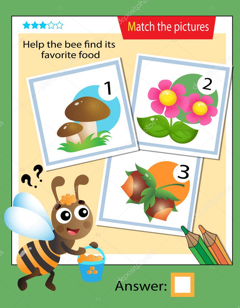 Matching game, education game for children. Puzzle for kids. Match the right object. Help the bee find its favorite food.