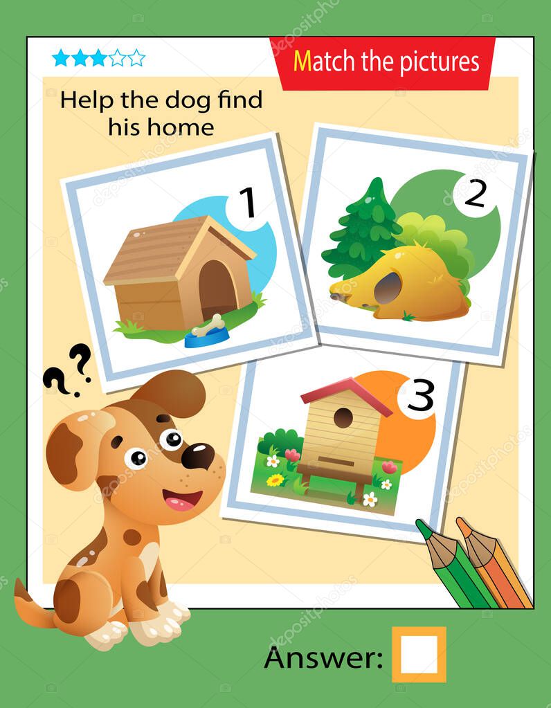Matching game, education game for children. Puzzle for kids. Match the right object. Help the dog find his home.