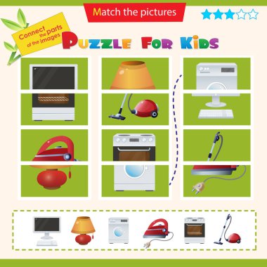 Matching game for children. Puzzle for kids. Match the right parts of the images. Set of electrical appliances. clipart
