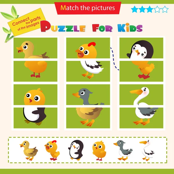 子供のためのマッチングゲーム 子供のためのパズル 画像の右側に一致します アヒル うがい 七面鳥 ペンギン ペリカン — ストックベクタ