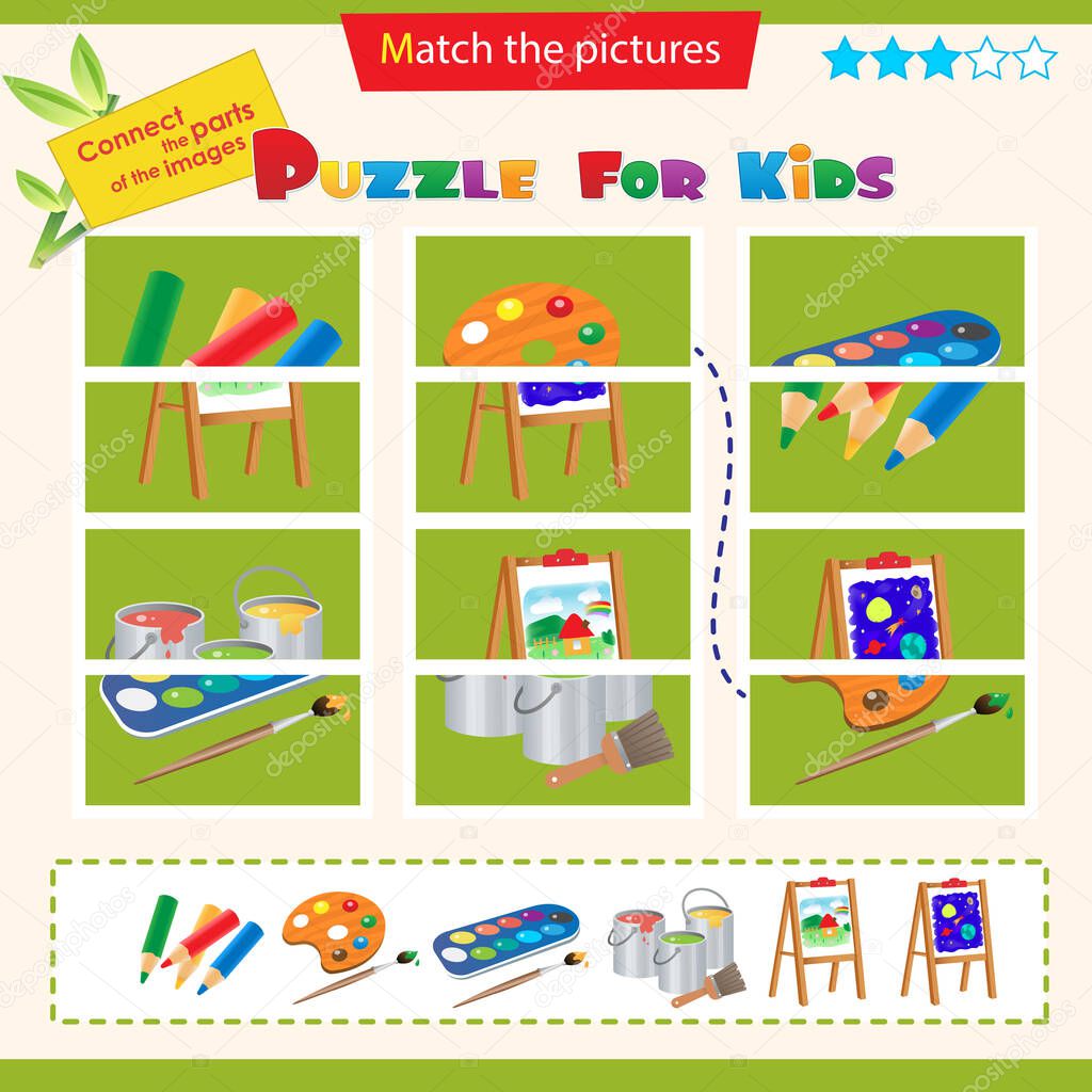 Matching game for children. Puzzle for kids. Match the right parts of the images. Set for creativity and drawing. Paints, watercolors, brush, colored pencils, easel, drawings.