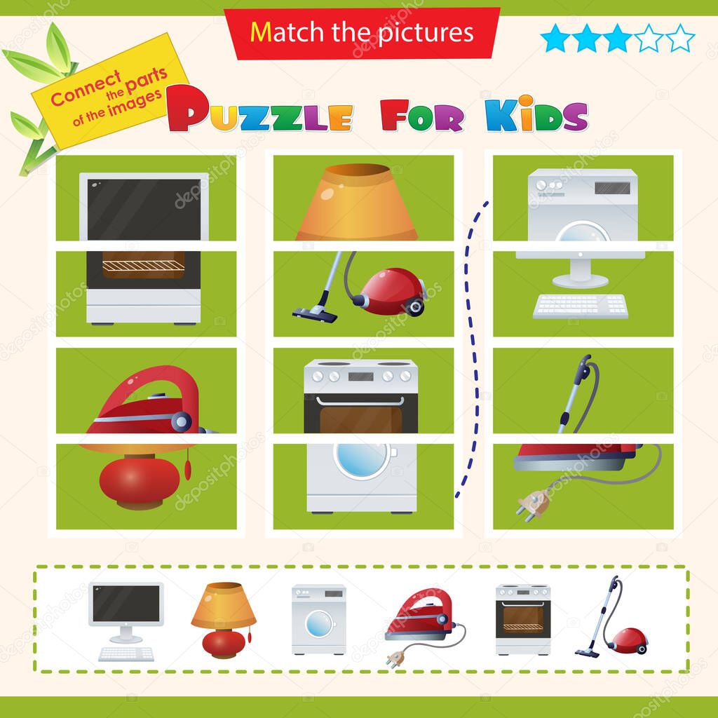 Matching game for children. Puzzle for kids. Match the right parts of the images. Set of electrical appliances.