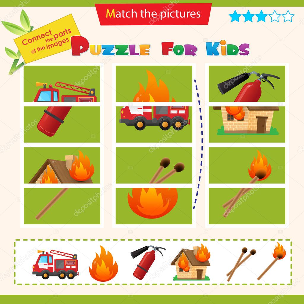 Matching game for children. Puzzle for kids. Match the right parts of the images. Transport. Fire truck, fire, extinguisher, matches.