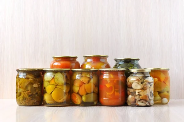 Glass jars with canned vegetables — Stock Photo, Image