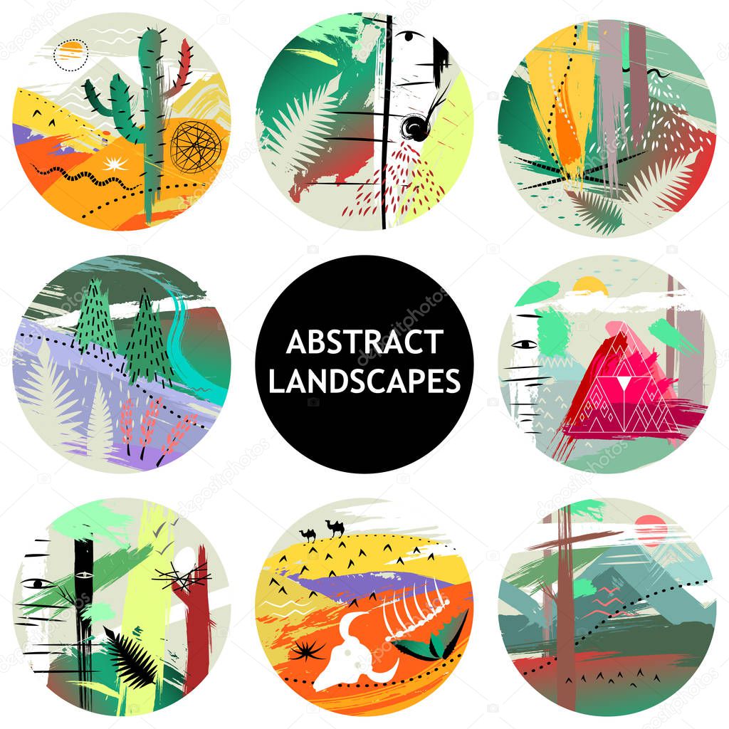 Set of eight round hand drawn compositions of nature, landscapes. Concept for logo, poster, print, advertising, touristic brochure, t-shirt.