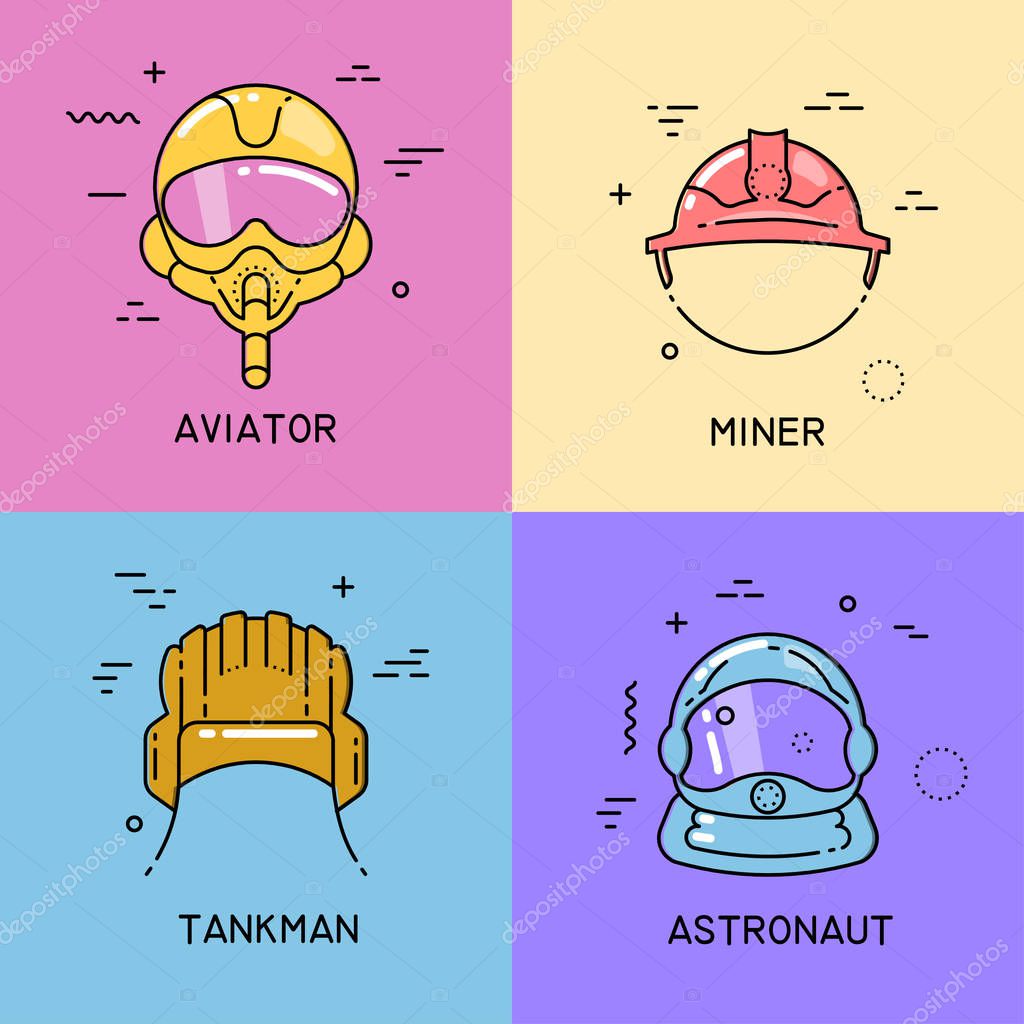 Vector set of flat line icons with shift fill of helmets of a aviator, miner, tankman, astronaut on colorful background.