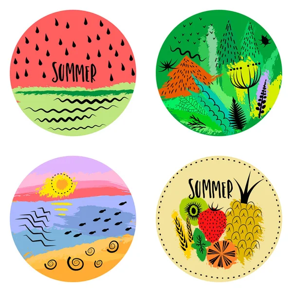 Runde Sommer Embleme mit bunten Mustern — Stockvektor