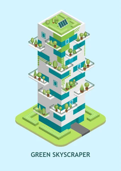 Grattacielo isometrico moderno con alberi in crescita — Vettoriale Stock