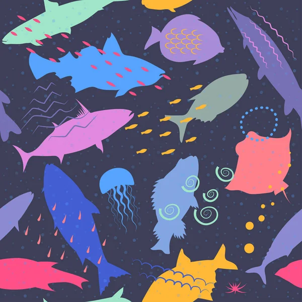 Saumat tummansininen kuvio kaloja ja meren rakenteita — vektorikuva