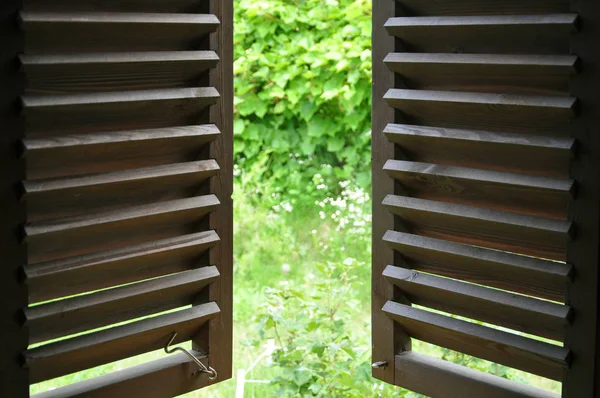 Ciemne drewniane okiennice oraz widok na ogród letni — Zdjęcie stockowe