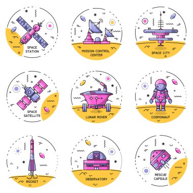 Set of flat line rouns cosmic icons clipart