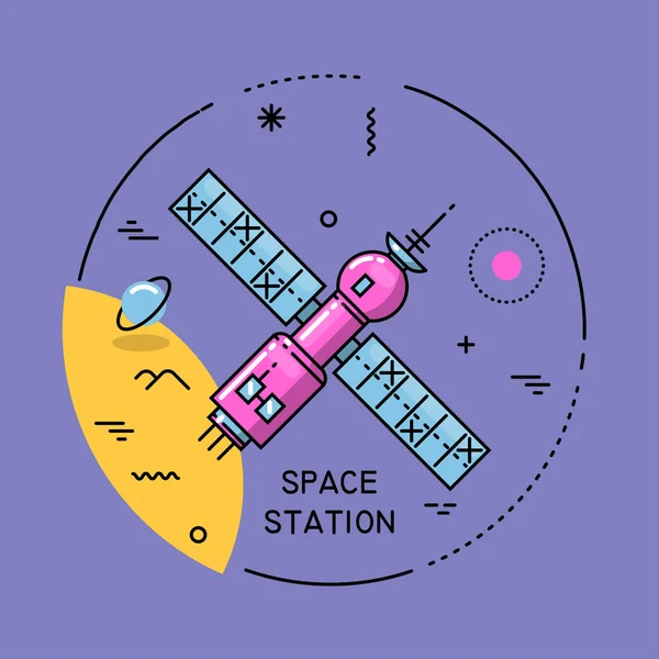 Estação espacial de linha plana em cosmos — Vetor de Stock