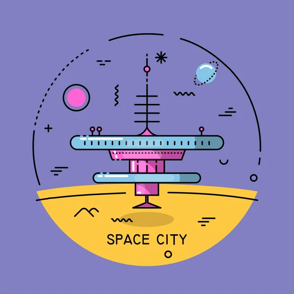 Cidade espacial de linha plana na Lua — Vetor de Stock