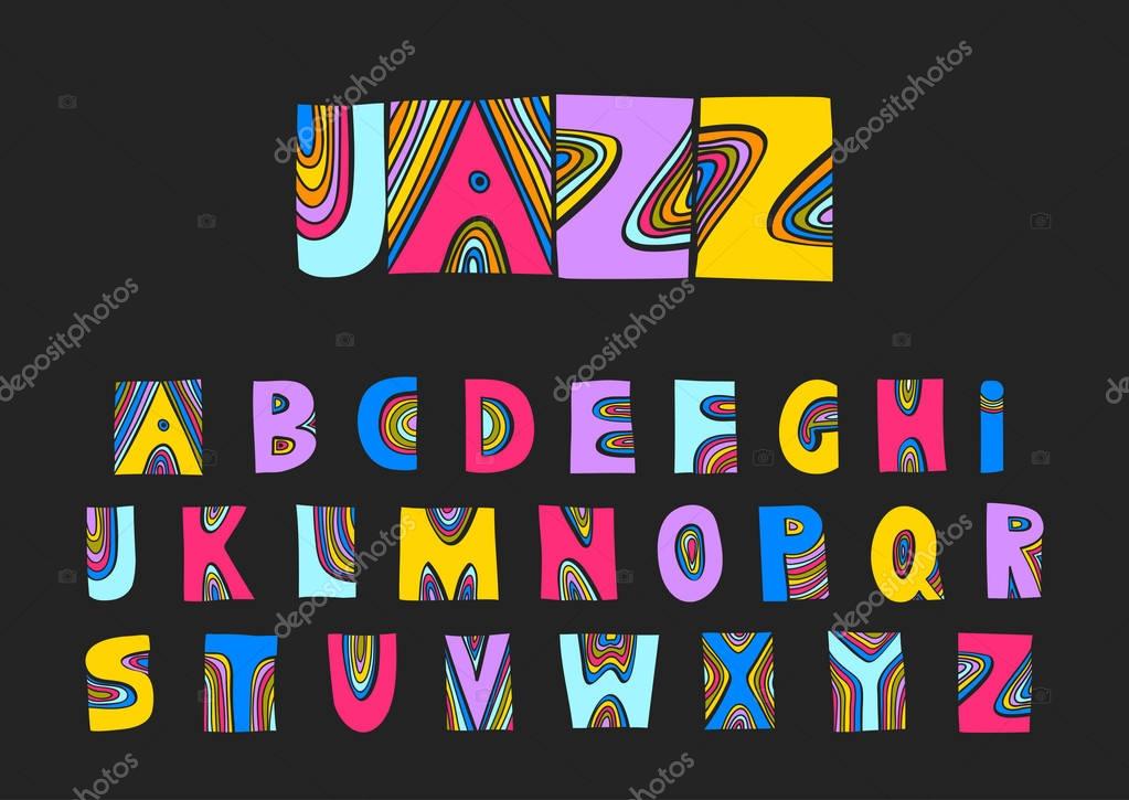 Vector handwritten uppercase artistic colorful alphabet. For design of music posters, festivals, placards, CD covers.