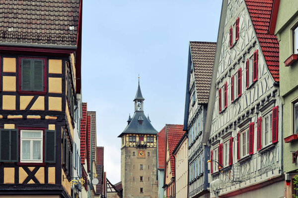 Old street of Marbach (Neckar) with half-timbered houses and tower, Baden-Wurttemberg, Germany.