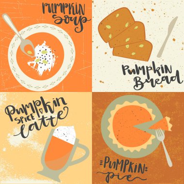 Hand drawn cards with pumpkin food clipart