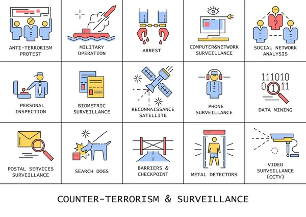 Anti-terör ve gözetim düz çizgi simgeler