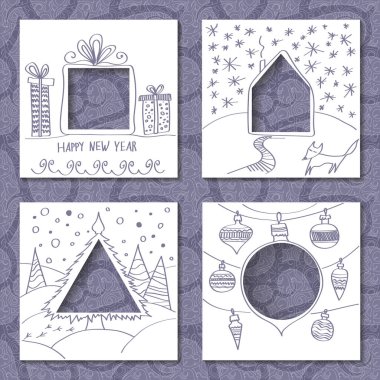 Kağıt Noel elle çizilmiş tebrik kartları kümesi 