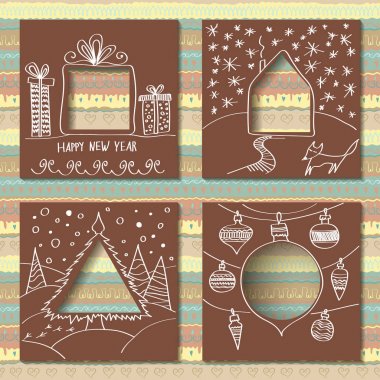 Kağıt Noel elle çizilmiş tebrik kartları kümesi 