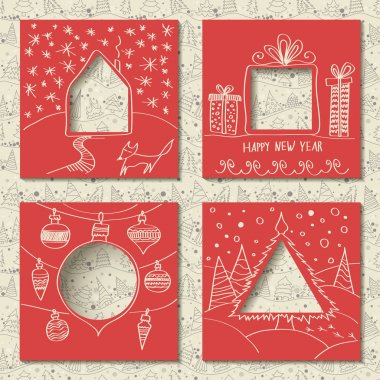 Kağıt Noel elle çizilmiş tebrik kartları kümesi 