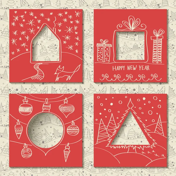 Kağıt Noel elle çizilmiş tebrik kartları kümesi 